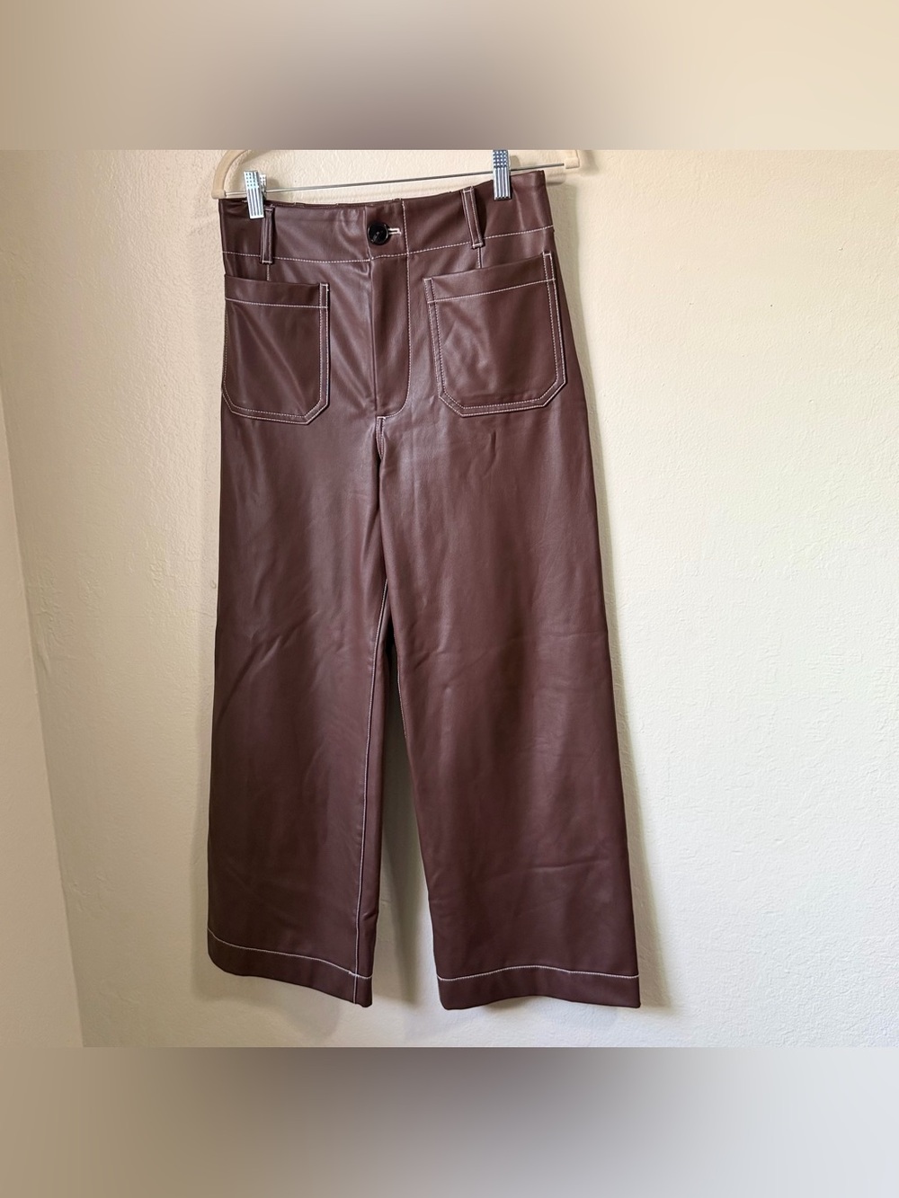 Anthropologie Maeve Colette Faux Leather Crop Wide‎ Leg Pants Brown Stitch 27 - Picture 3 of 9